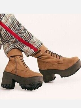 Free People Tan Lace-Up Platform Boots